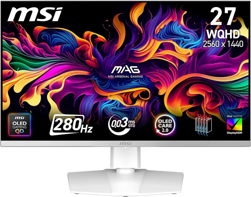 MSI mag 272QPW QD-OLED X28 27" WQHD, Gaming Monitor, 2560 x 1440 Quantum Dot OLED Panel, 280 Hz, 0.03 ms, DisplayHDR True Black 400, HDMI 2.1, DP 1.4a, USB C 15WPD, White