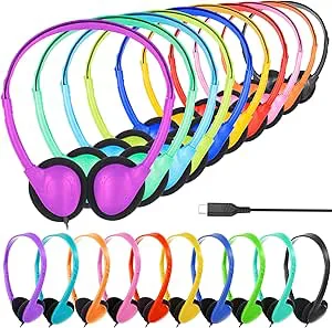 YFSFQS USB typ C barnhörlurar bulk för skola 12-pack, hörlurar med USB C-sladd, lätt på örat trådbunden för barn tonåringar pojkar blandade färger