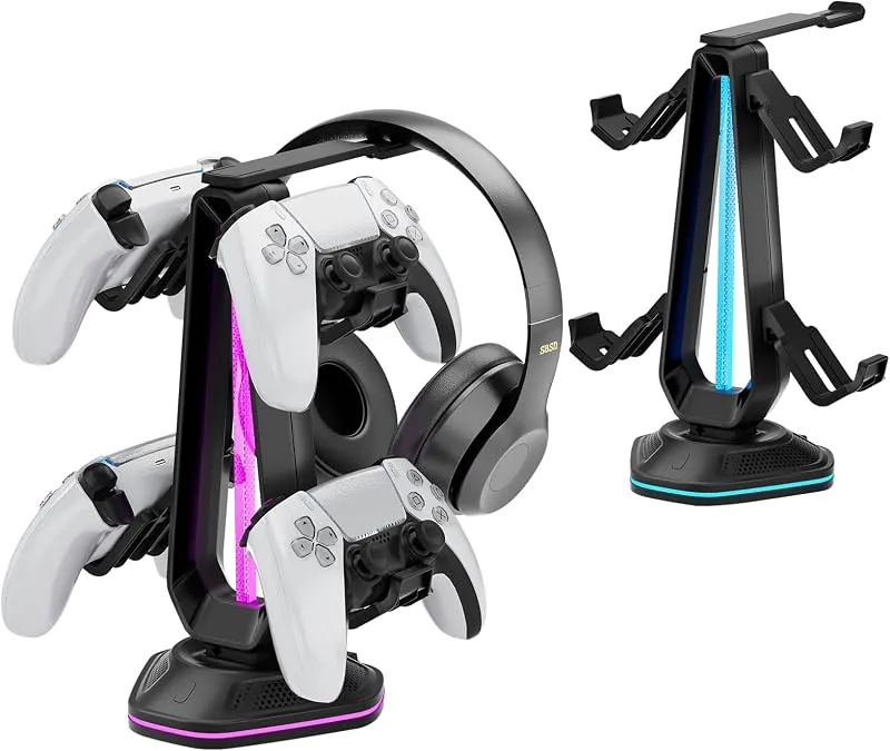 Saitake-kontrollhållare med 9 RGB-ljuslägen, kontrollstativ med 2 USB-laddningsportar, hörlursstativ lämpligt för alla hörlurar och kontroller, placer