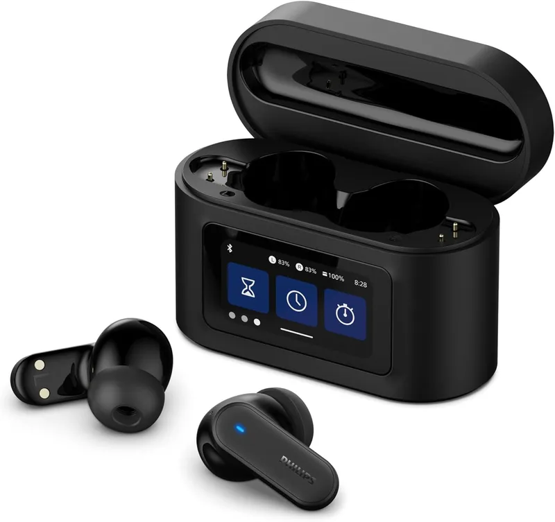 Philips TAT6000BK äkta trådlösa öronsnäckor med smart laddningsfodral, brusreducering, 4 mikrofoner, dynamisk bas, 28H speltid, Bluetooth 5.4, IPX5, Touch-kontroller, röstassistent – svart