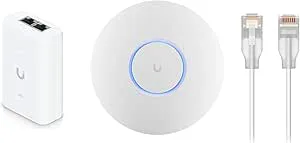 NexaCore Ubiquiti U6+ WiFi6 åtkomstpunkt 1 500 ft², 2 x 2 MIMO + PoE+-adapter 30 W + 2 Etherlighting-kablar, 2 m RJ45, högpresterande trådlöst nätverk