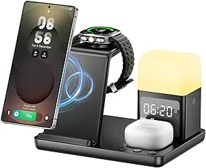 6-i-1 induktiv laddningsstation, 15W trådlös laddare med väckarklocka och nattlampa, trådlös laddare kompatibel med Samsung GalaxyS25/24/Galaxy Buds3/Galaxy Watch, iPhone 16/15/AirPods4/3