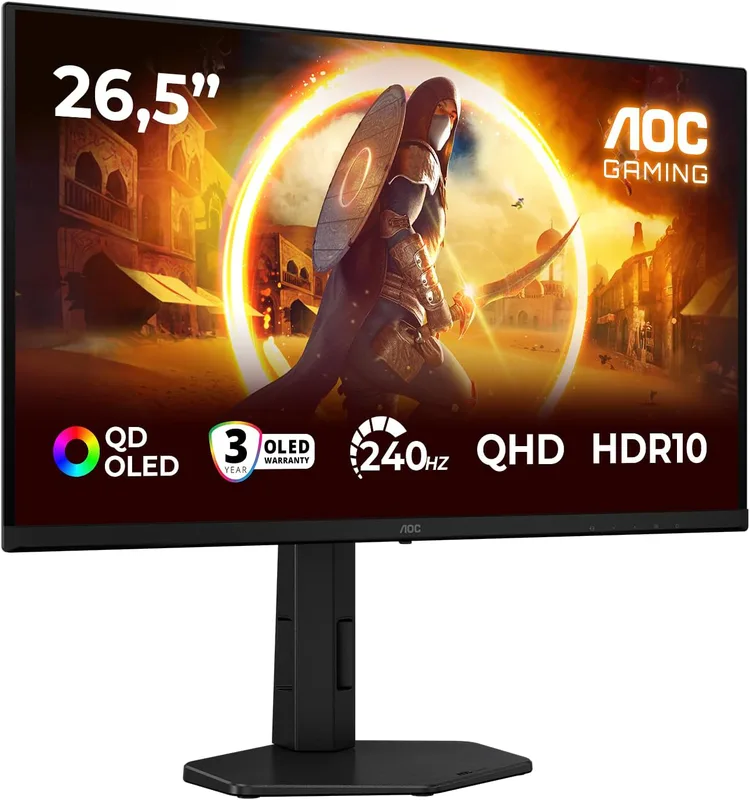 AOC Q27G4ZDR 26,5" WQHD 240 Hz bildskärm, QD-OLED-panel, 0,03 ms GtG, Adaptive Sync, HDR10, G-Sync Comp., höjdjustering (2 560 x 1 440 HDMI, 2 x 2,1 DP, 1 x 1,4 USB-hub) svart/röd