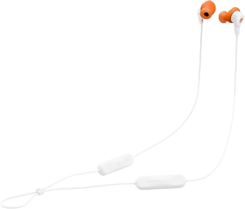 JBL Endurance Run 3 trådlösa sporthörlurar med Bluetooth, 25 timmars batteritid, FlipHook- & TwistLock-teknik, IP65 damm- och vattentåliga, inbyggd mikrofon och fjärrkontroll, vit