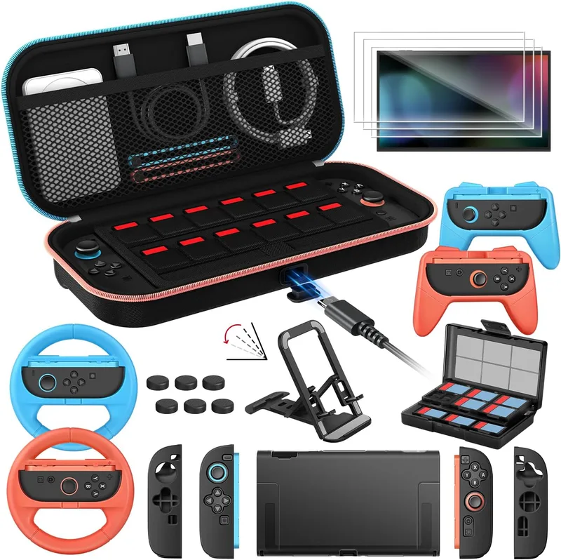 ivoler 21-i-1-tillbehörspaket för Nintendo Switch 2 – inklusive laddningsväska, skyddsfodral, displayskyddsfilm, rattar, spelstativ, Joycon-kontrollhandtag, spelkortfodral