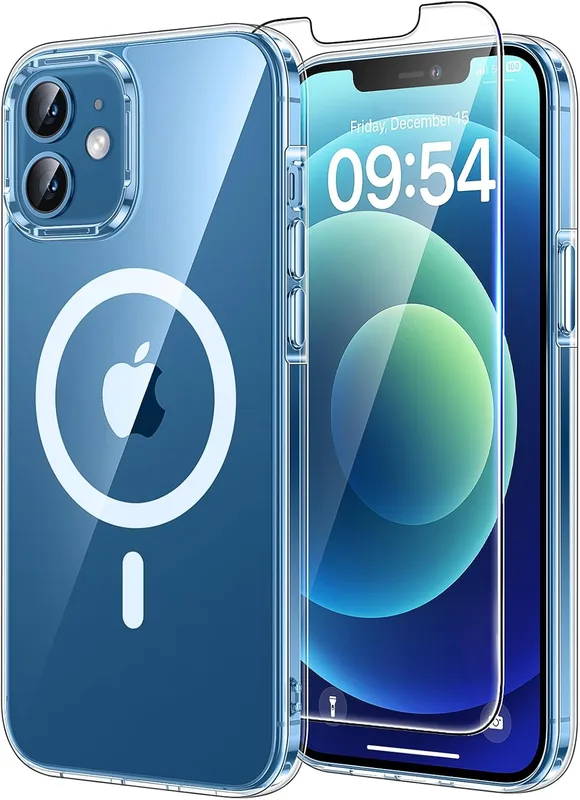 TAURI Case for iPhone 12/12 Pro with Tempered Glass Screen Protector, Full Camera Cover, [MagSafe Compatible] Magnetic Slim Fall Proof Case