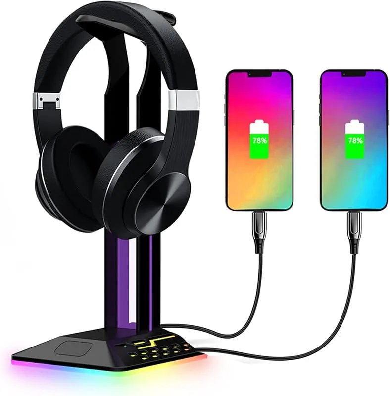 Headsethållare RGB-hörlursställ med USB-laddningsport