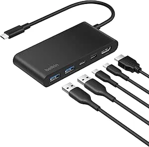 Belkin USB-C Hubb, Hubb med fem portar och 4K HDMI vid 60 Hz, 100 W Power Delivery, snabb dataöverföring 5 Gbit/s, USB-C adapter för MacBook, iPad Pro, Chromebook, m.fl.