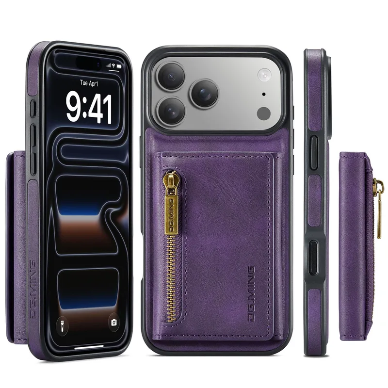 DG.MING 2-i-1 plånboksfodral i konstläder för iPhone 17 Pro Max, lila