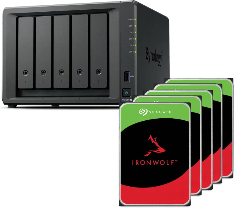 Synology Diskstation NAS DS1525+ 30 TB bundle Seagate (5 x 6 TB Ironwolf), 5-Bay Plus-serie med Ryzen R1600, 8 GB ram