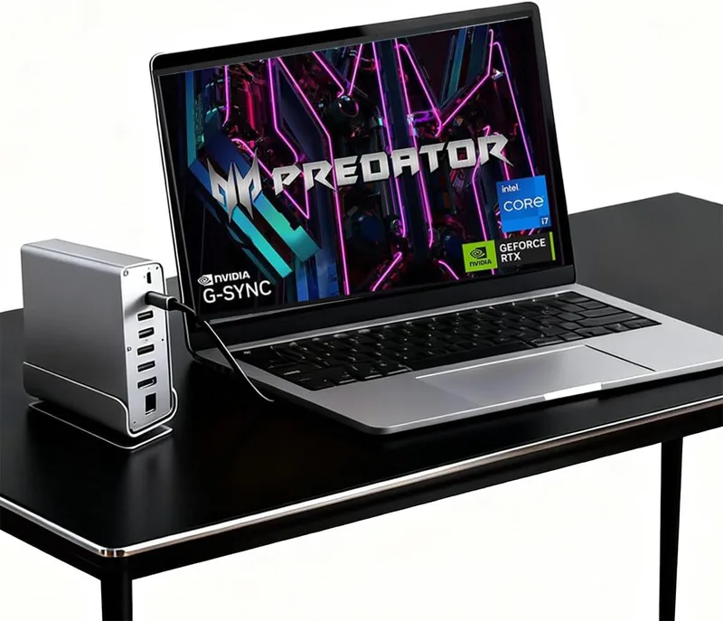 15-i-1 USB C dockningsstation för Acer Predator Helios 16 18 300 500 (Neo 16 18 AI) Triton 14 AI 17 X 300 SE700 Gaming-Laptops, mit 360°-Drehfuß, 2 x 4K HDMI och 1 x DP, 10 Gbps USB, RJ45, Ljud, SD/TF