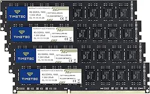 Timetec Premium 32 GB kit (4 x 8 GB) DDR3L/DDR3 1600 MHz (DDR3L-1600) PC3L-12800/PC3-12800 icke-ECC obuffrad 1,35 V/1,5 V CL11 2Rx8 Dual Rank 240 Pin UDIMM stationär PC minne (SDRAM) Uppgradering