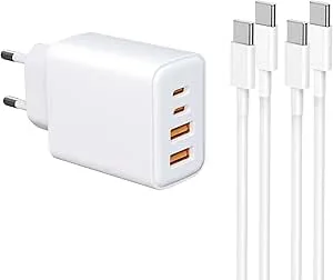 USB-C-laddare med 1,2 m och 2 m C–C-kabel, 4 portar med USB-C och USB-A, 40 W, snabbladdning, strömadapter för lPhone 17/16/15/14/12/11/XS, Galaxy, lPad, telefoner