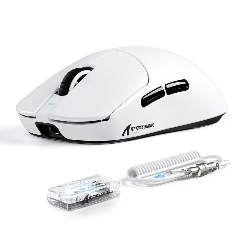 ATTACK SHARK X8 ULTIMATE trådlös spelmus med C06 Ultra LED-kabel, nordisk 54L15 MCU, PAW3950MAX sensor, stor handstorlek, 55g, BT/8000 2.4G trådlös/8000 trådbunden, 42000 DPI, 800mAh (vit)