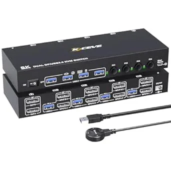 DP KVM-switch 4-dator 2 bildskärmar, KCEVE USB 3.0 Displayport KVM-omkopplare för två bildskärmar, stöder 4K@60 Hz för 4 DP-datorer som delar 2 DP-bildskärmar, tangentbord och mus