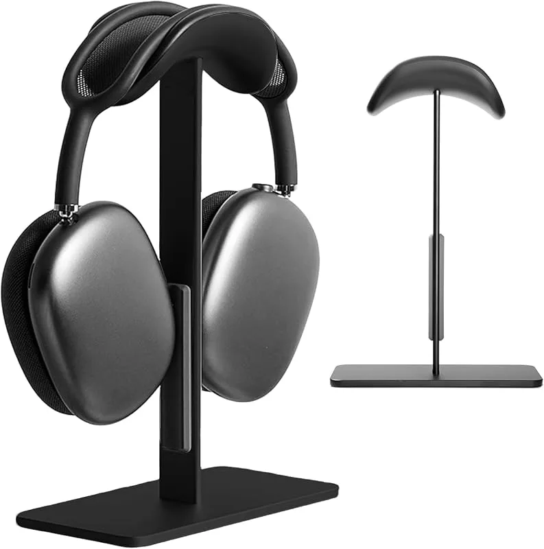 Headsetstativ i aluminium med viloläge, halkfri spelheadset för skrivbord med repskydd, kompatibel med hörlurar (svart)