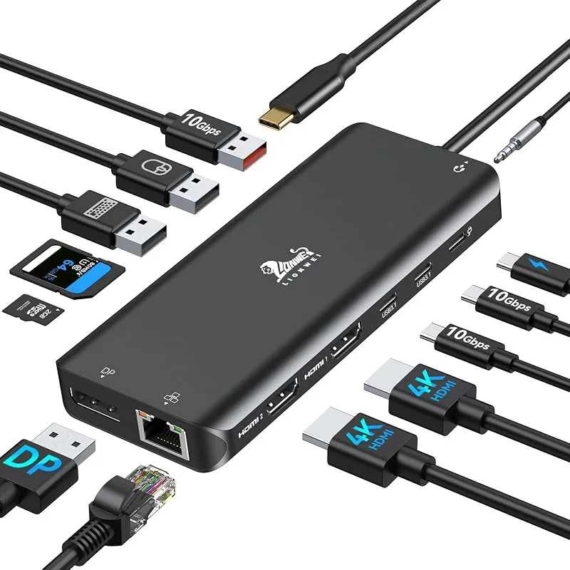 USB C dockningsstation med dubbla bildskärmar, bärbar dator, 13-i-1 USB-C-hub trippelskärm med 2 HDMI, DisplayPort, 5 USBC/A, Ethernet, 100 W PD, SD/T