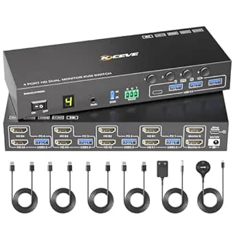 4 Portar HDMI KVM Switch 4 PC 2 Monitor 4K@60Hz EDID Simulation, Dual Monitor KVM Switch med 4 USB 3.0 Portar för USB Periferiegeräte, Audio,RS232, me