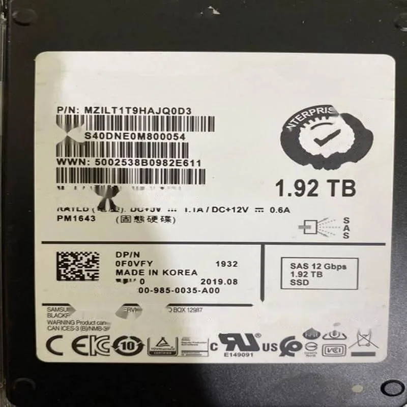Nästan SSD för R740 1,92 TB 2,5 tum SAS för intern SSD för Enterprise SSD för 0F0VFY F0VFY MZ-ILT1T9A PM1643