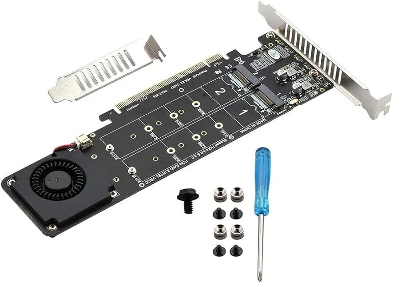 För PCIe 4.0 X16 till M.2 M-Key NVMe SSD-expansionskort, fyrkanals 32 Gbps RAID 0-stöd med dubbla kylfläktar, kompatibel