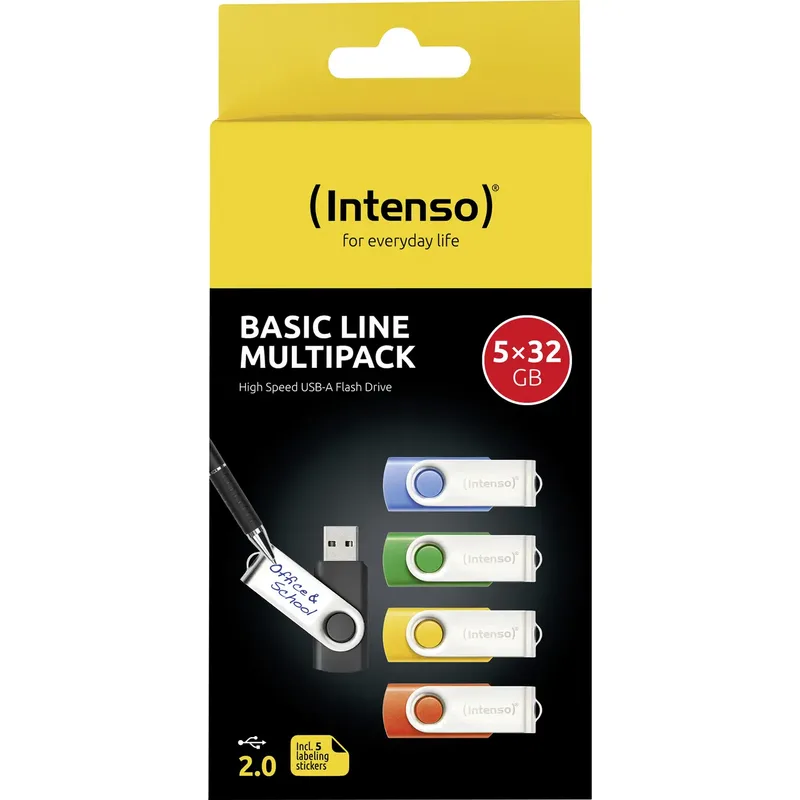 Intenso USB-Stick 5er Pack Basic Line 5 x 32 GB USB-minne 32 GB Gul, Grön, Blå, Orange, Svart 3503585 USB 2.0