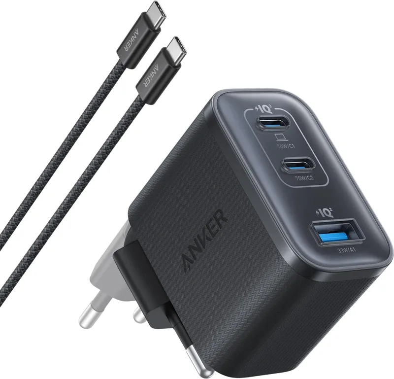 Anker Nano 70 W väggladdare med USB-C-kabel, 3 portar, svart