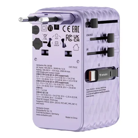 Verbatim 30188 Charge 'n' Travel 70W reseladdare, lila