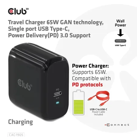 CLUB3D reseladdare 1x USB-C, PD 65 W