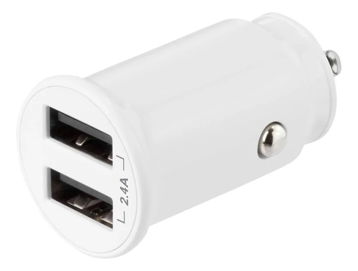 DELTACO 12/24 V USB-billaddare, dubbla USB-A portar, 2.4 A, 12 W, vit