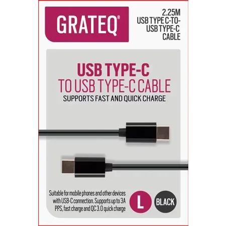 GRATEQ 85062QC USB 2.0-kabel 2,25 m, USB C till USB C, svart