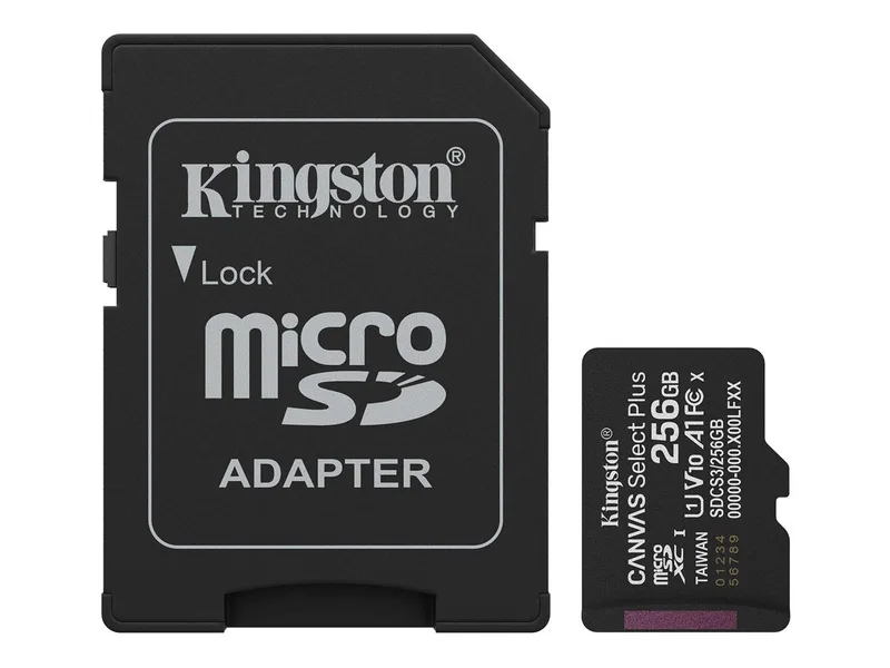 Micro Secure Digital SDXC 256 GB Kingston Canvas Select Plus Gen3, 150 MB/sek läs, Class 10, A1, UHS-I U1, inkl. SD-adapter