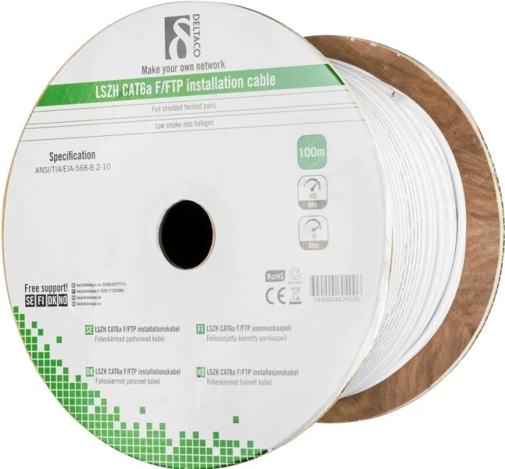 DELTACO TP-50C installationskabel F/FTP Cat6a, LSZH, 100 m