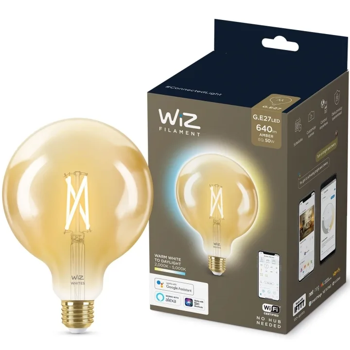 WiZ smart LED-filamentlampa E27 Glob 120, 50 W, bärnsten