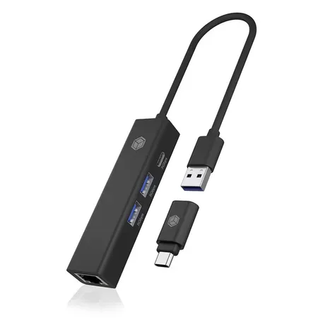 ICY BOX USB-hubb, 2 x USB, USB-C och LAN