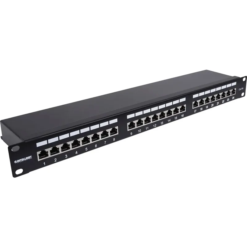 Intellinet 24-Port Cat6a Patchpanel geschirmt 1HE Kabeleinführung 90° abgewinkelt schwarz 26 + 2 Port Patchpanel 483 mm (19) CAT 6A 1 U Svart Bestyckad