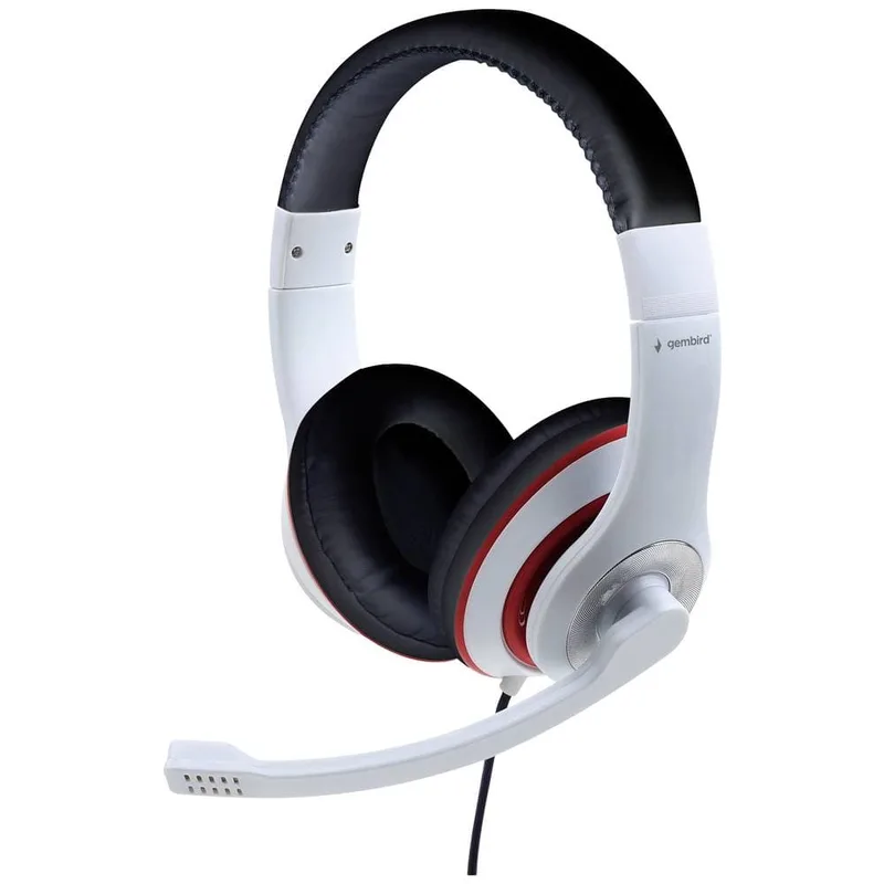Gembird over-ear-headset med sladd och volymkontroll, vit, svart och röd
