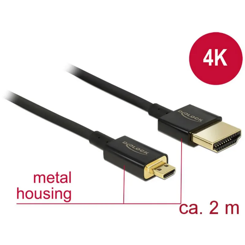 Delock Slim Premium HDMI-kabel med Ethernet, HDMI-A till micro HDMI-D