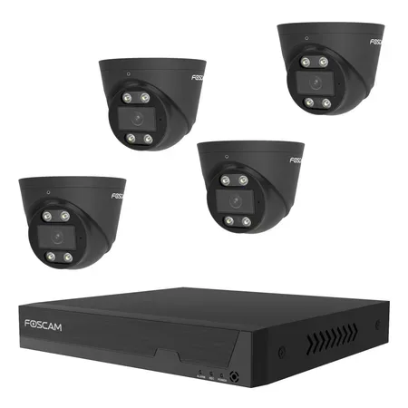 Foscam FN9108E-T4-2T övervakningskamerakit med 4 kameror och inspelare, svart