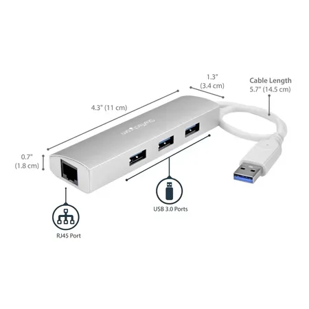 StarTech.com Bärbar USB 3.0-hubb med 3 portar plus Gigabit Ethernet