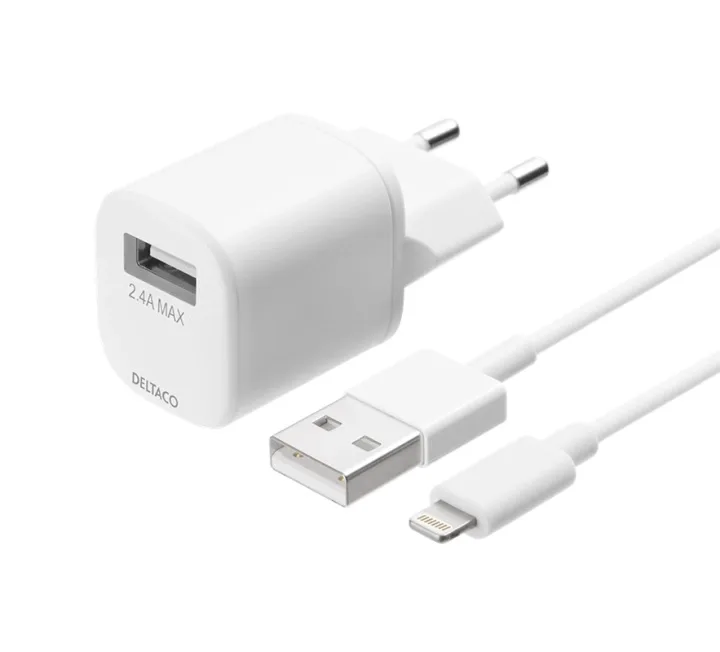DELTACO USB-AC181 väggladdare, USB-A, 2,4 A, med 1 m Lightning-kabel