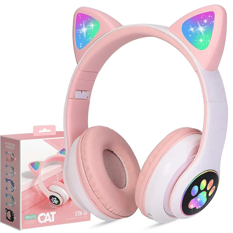 Cat Ear-hörlurar Kopplade över örat Söta Avtagbara Spelheadset för Flickor Alla Inslagna öronkåpor (Rosa)