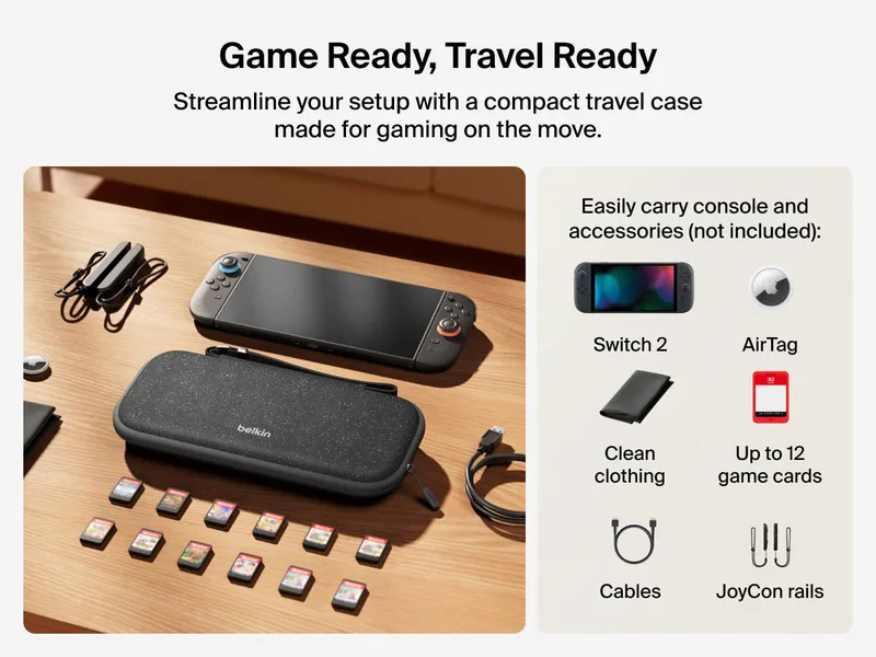 Belkin Gaming Nintendo Switch 2 Case Travel Bag with AirTag Holder & Game Card Storage Pocket + Gaming USB-C to USB-C Cable 60W (6.6ft), Braided Type