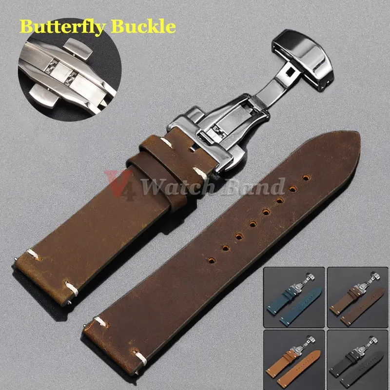 Handgjort Sömmat Klockarmband For Omega For Seiko-armband 18/20/21/22/24 Mm Läderarmband Med Fjärilsspänne
