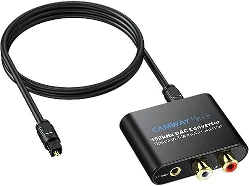 CAMWAY 192 KHz DAC omvandlare Digital till Analog Ljudomvandlare, SPDIF Optisk Toslink till Analog RCA Audio 3,5 mm Adapter med 1 m Optisk Kabel