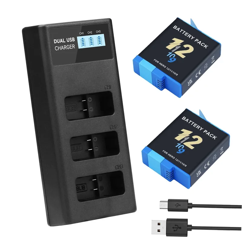 CITYORK (2-pack) 2 000 mAh ersättningsbatteri för .Go-Pro. Hero 12 Hero 11/10/9 svart, uppladdningsbart extremt batteriset sportkamera tillbehör ersät