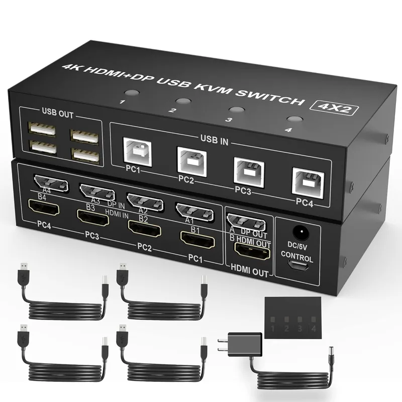 4 Portar HDMI KVM Switch 4 PC 2 Monitor 4K@60Hz EDID Simulation, Dual Monitor KVM Switch med 4 USB 3.0 Portar för USB Periferiegeräte, Audio,RS232, me