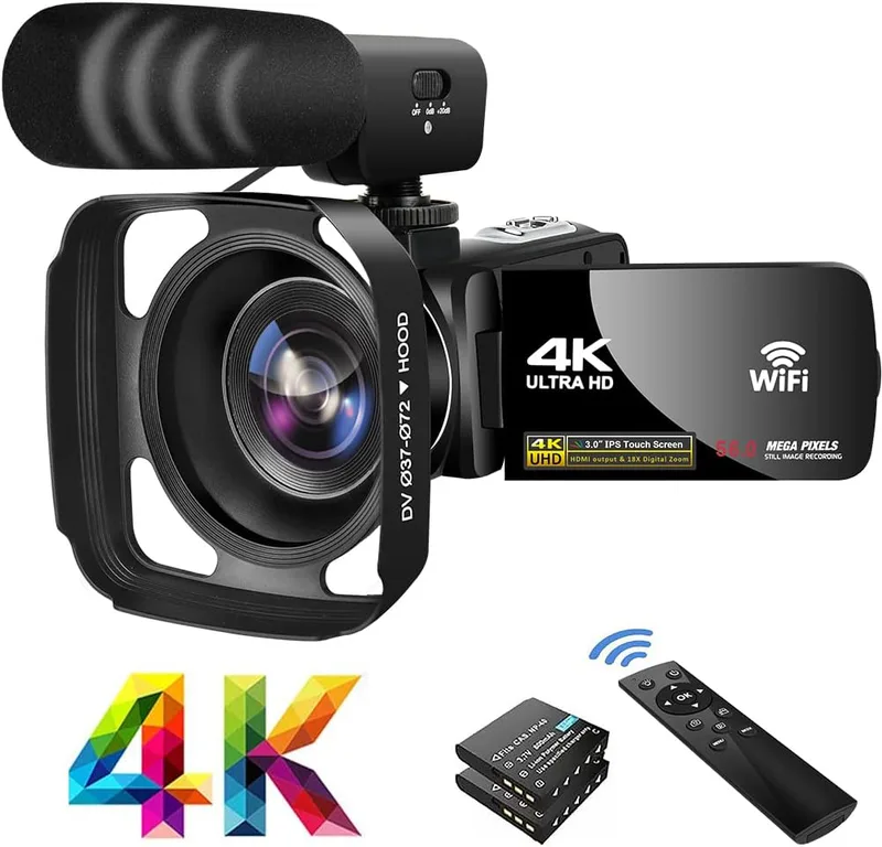 4K-Videokamera, 56 MP Videokamera med Fjärrkontroll, Mörkerseende, 18X Zoom, 3,0 Tum IPS-pekskärm