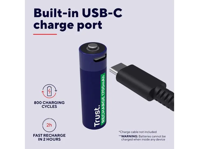 Trust USB-C uppladdningsbart batteri AA 2-pack