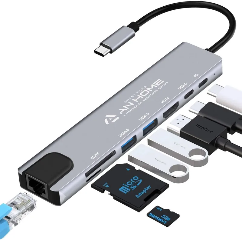 USB C-hub/adapter med RJ45 Ethernet (8-i-1), 4K HDMI, 100W PD, SD/TF-kortläsning, 2 USB 3.0-portar, typ C multiportadapter för MacBook Pro/Air, iPad Pro, iMac, iPhone16/15-serien, Galaxy