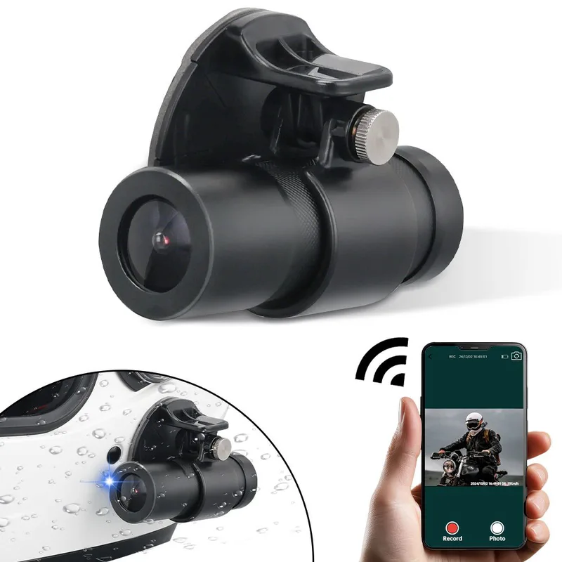 Motorcykelhjälm, VSYSTO Action Cam Mini-Cykelkamera, HD 1080P 150° Vidvinkel Motorcykelkamera Vattentät WiFi Cykelkamera med GPS Nattsyn OLED TPMS för